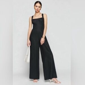 Reformation 100% linen black petite jumpsuit smocked back size 0